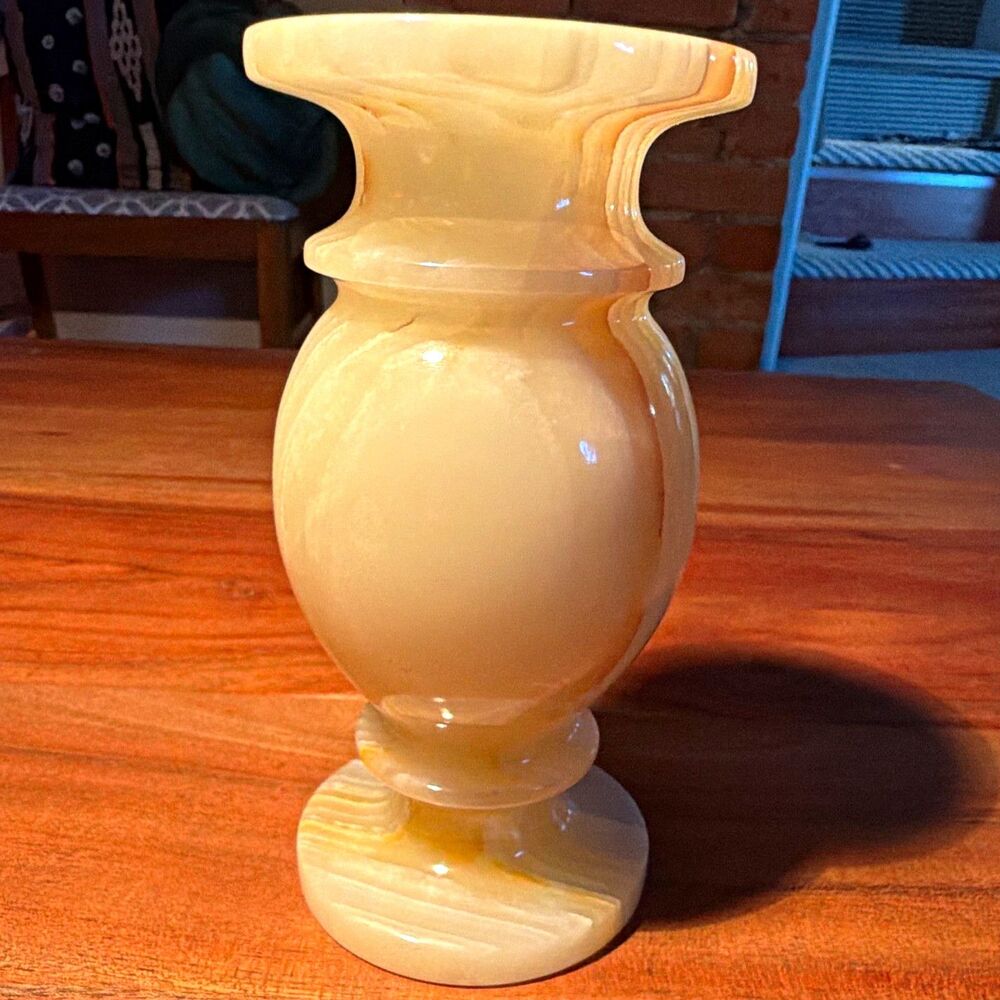 Beige & White Striped Polished Stone Onyx Bud Vase Freestanding 6 in